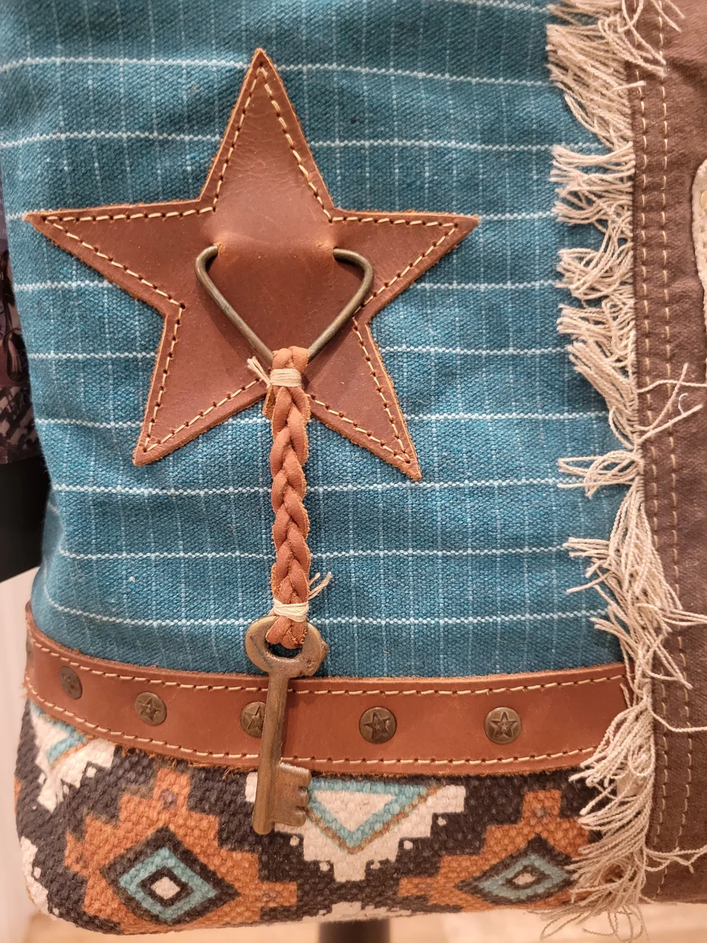 Myra Bag Blue and Brown Patchwork Crossbody Bag - Picture 3 of 7